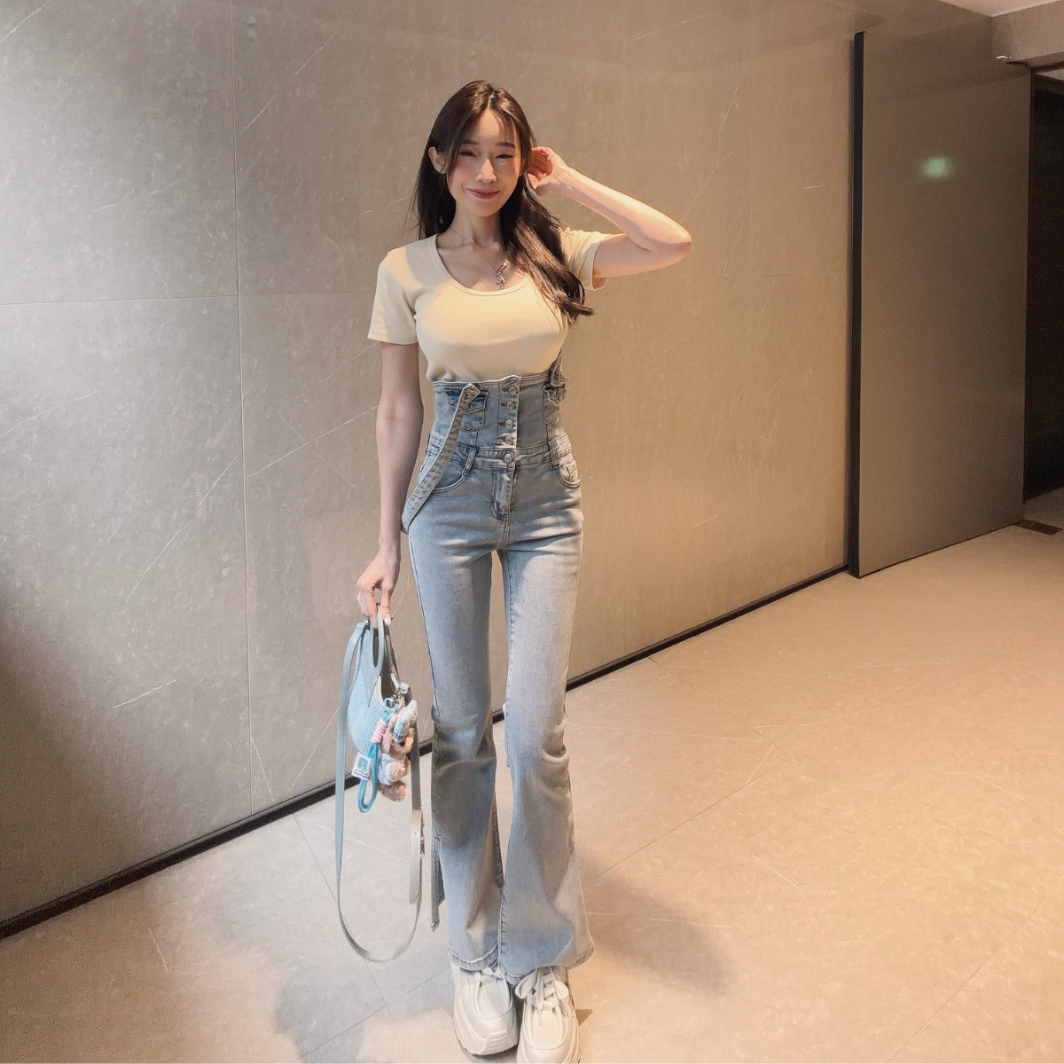 【減齡學姊】DOMISS喇叭牛仔高腰褲 牛仔吊帶褲(現貨)