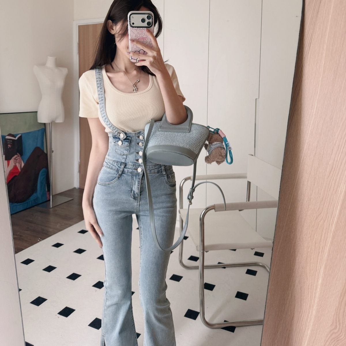 【減齡學姊】DOMISS喇叭牛仔高腰褲 牛仔吊帶褲(現貨)