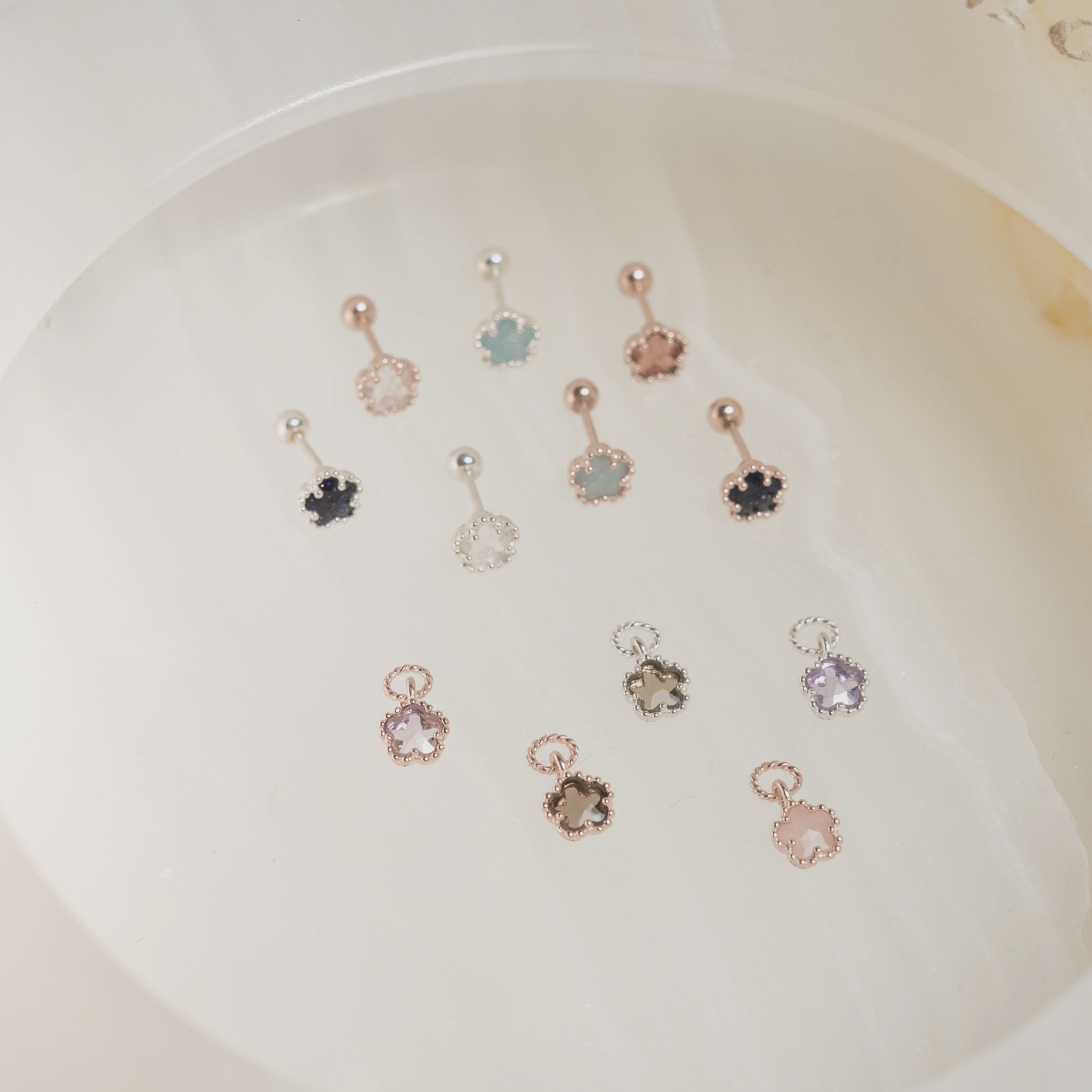 滾珠邊小花粉紅石英耳墜