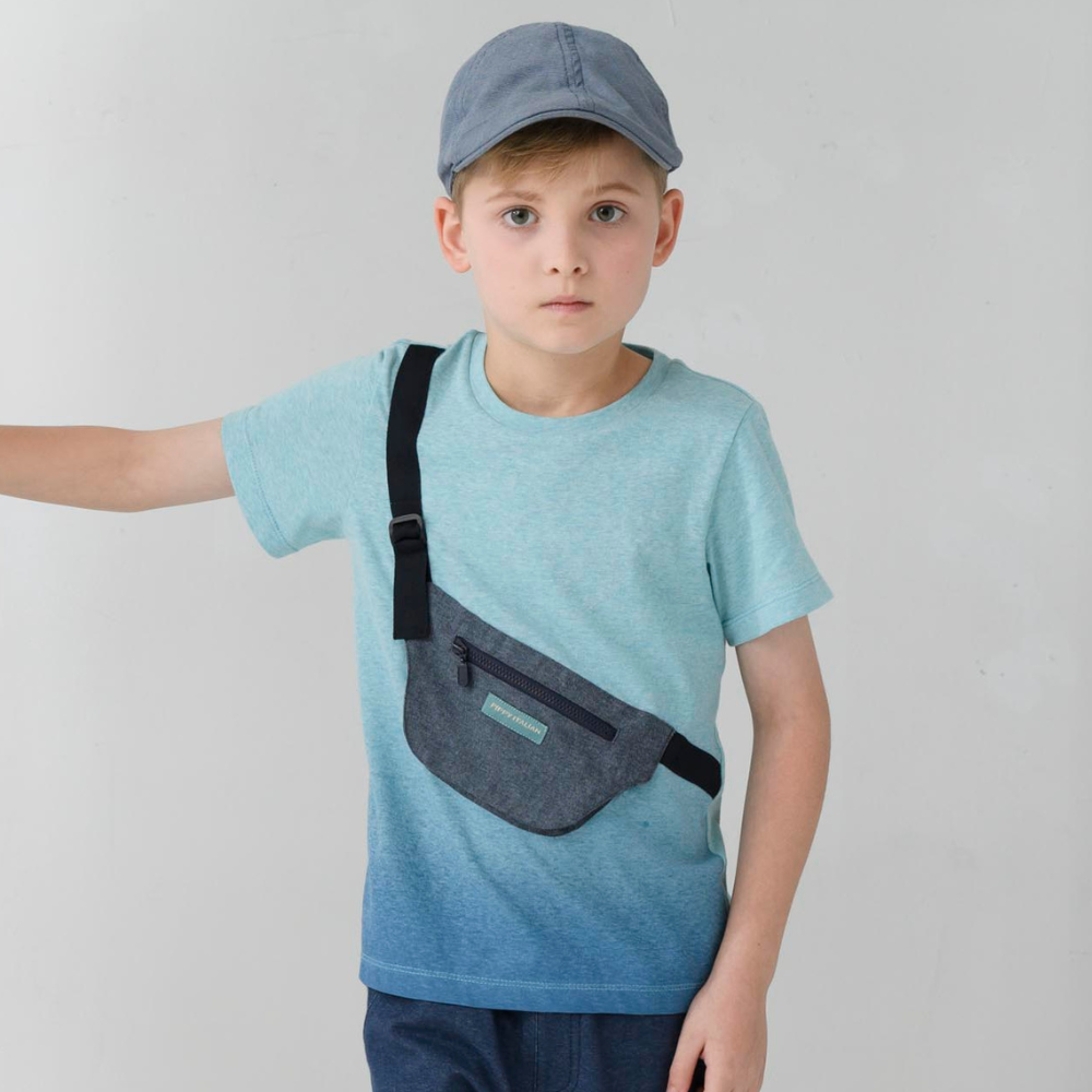 PIPPY 裝飾腰包真口袋漸層彈性棉圓領短袖T恤上衣 藍