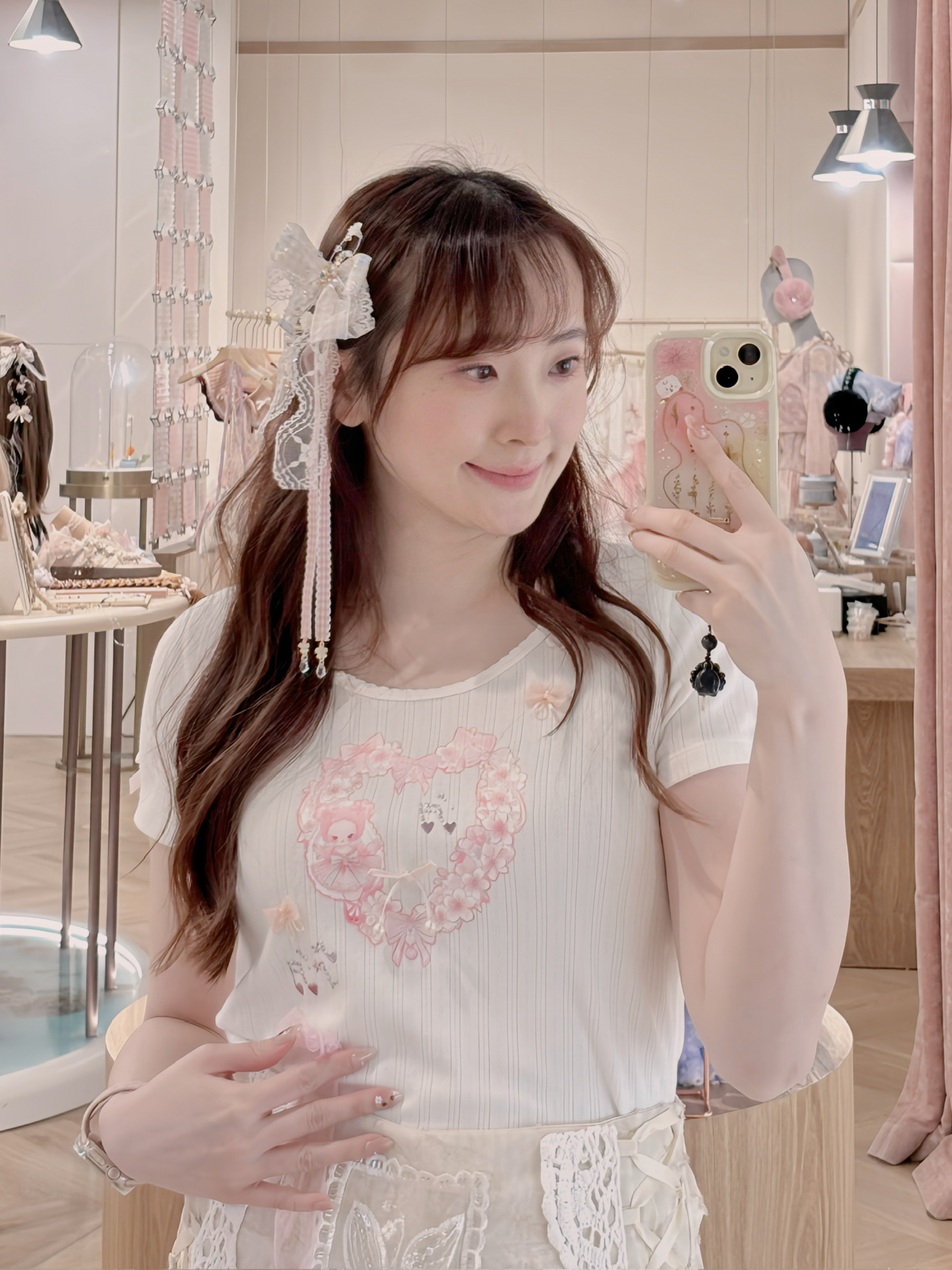 13551 KURA & SORA Sweet Print Bow Accent Crop Tee