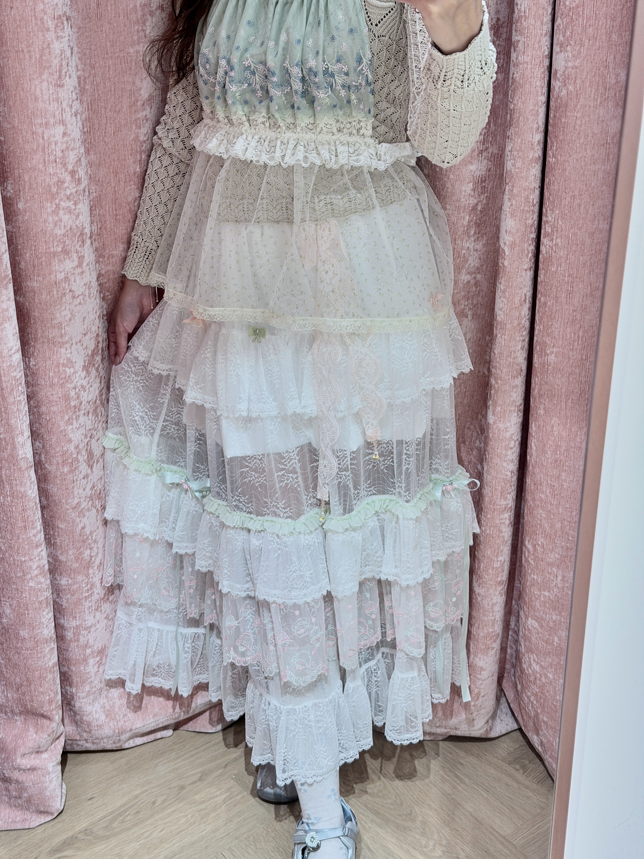 13554 2-Way Asymmetric Tiered Gauze Ribbon Skirt