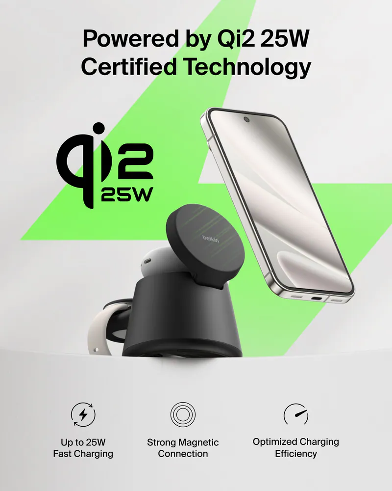 Belkin UltraCharge Qi2 模組充電座 25W｜三裝置高速無線充電 WIZ052