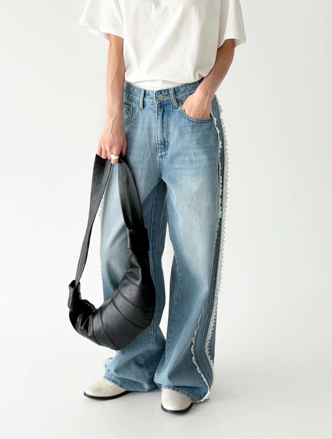 蕾絲飾邊牛仔長褲