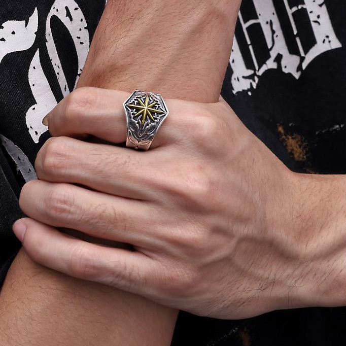 八芒星 x 寬戒 星芒紋章雕刻設計戒指【ACCY076】