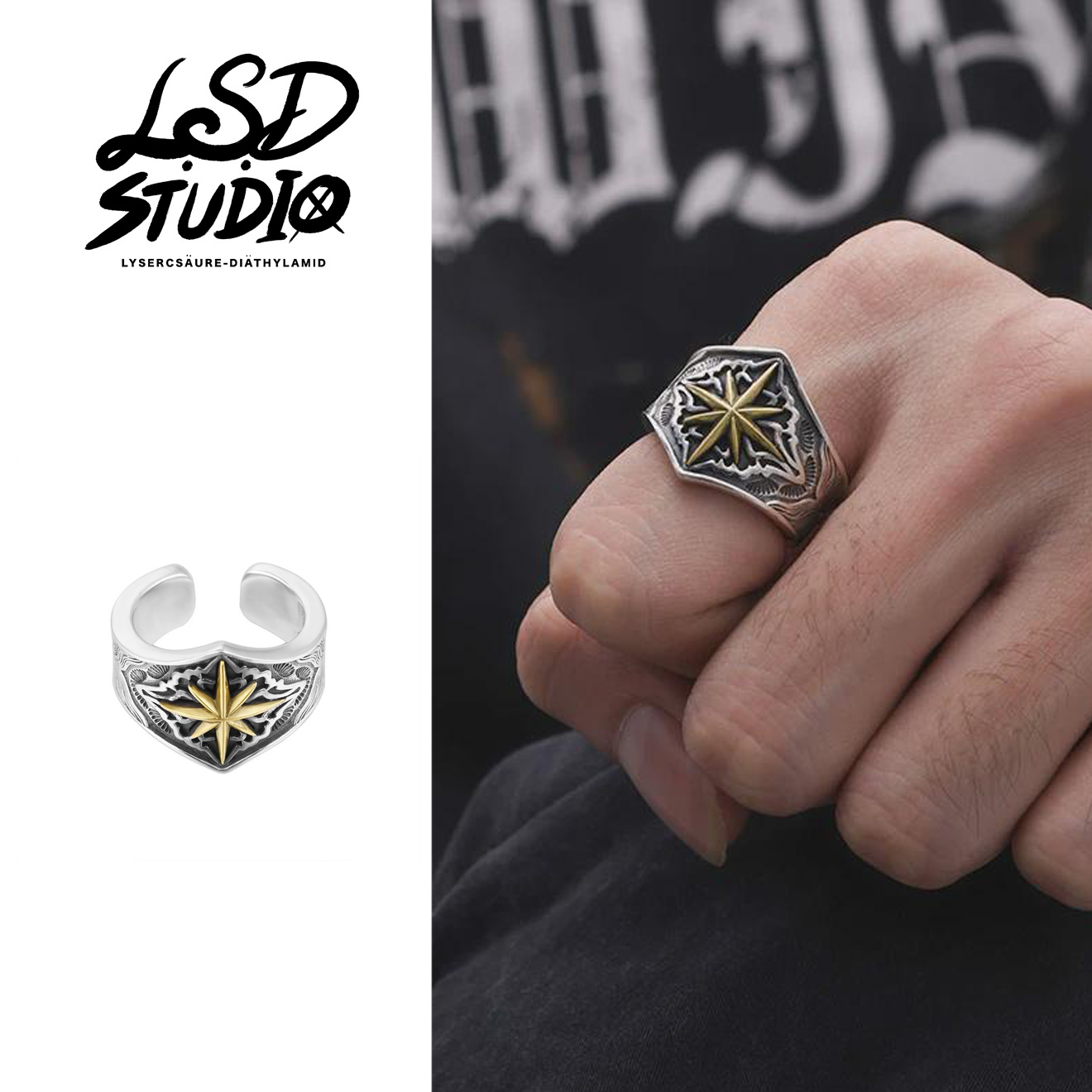 八芒星 x 寬戒 星芒紋章雕刻設計戒指【ACCY076】
