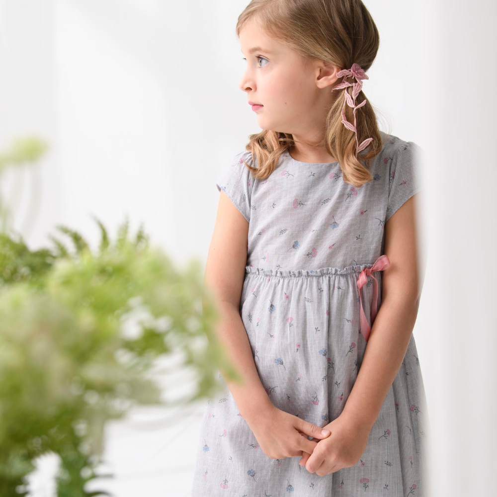 PIPPY 碎花高腰蝴蝶結圓領連身裙洋裝 灰