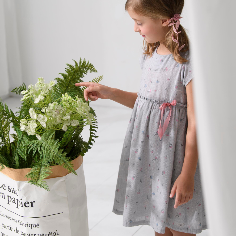 PIPPY 碎花高腰蝴蝶結圓領連身裙洋裝 灰