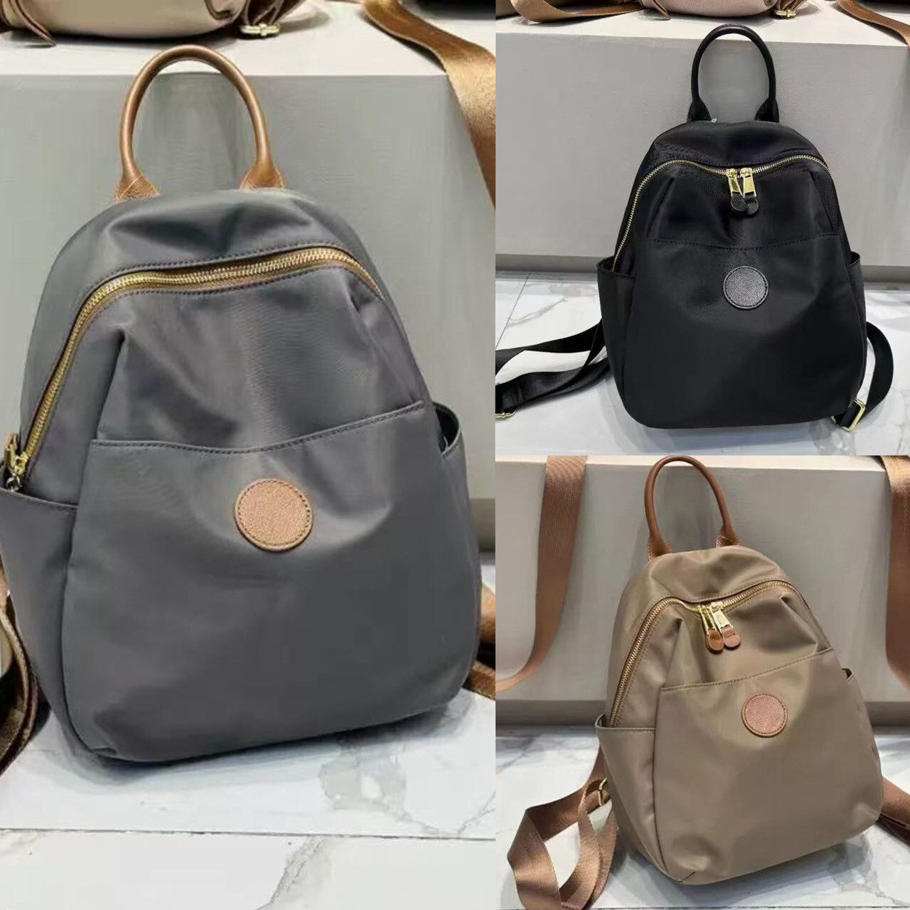 16508【日系尼龍拼皮後背包】