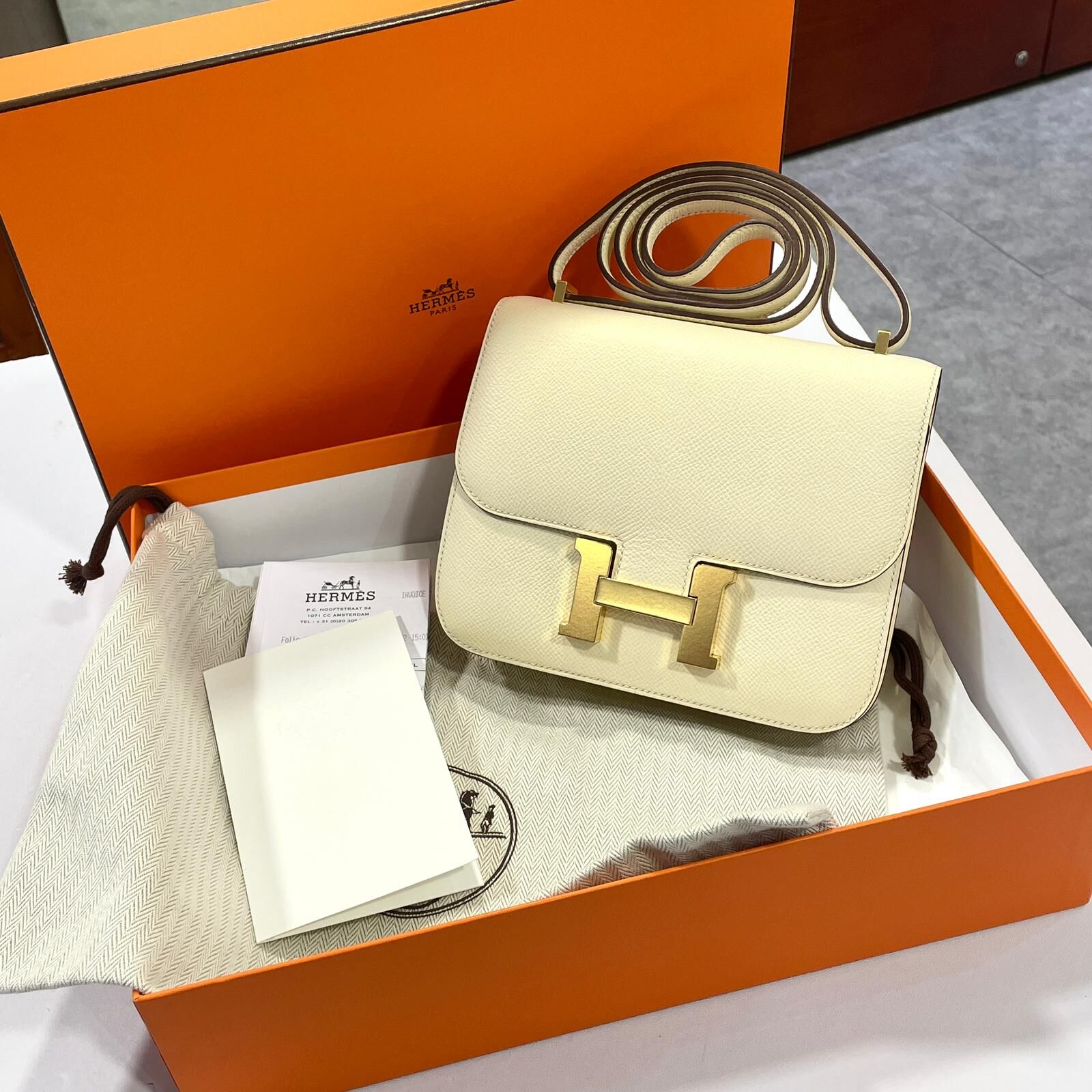 未使用品！全新MINI CONSTANCE  U刻 NATA GHW EPSOM 奶油白金扣 #C19 #康康包 #愛馬仕 #BANDNEW #香榭站正品