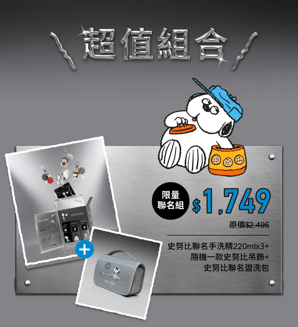 Relove史努比聯名款三種香氛與盲盒吊飾內容物，英國專利蛋白酵素20秒瓦解頑固髒汙示意圖