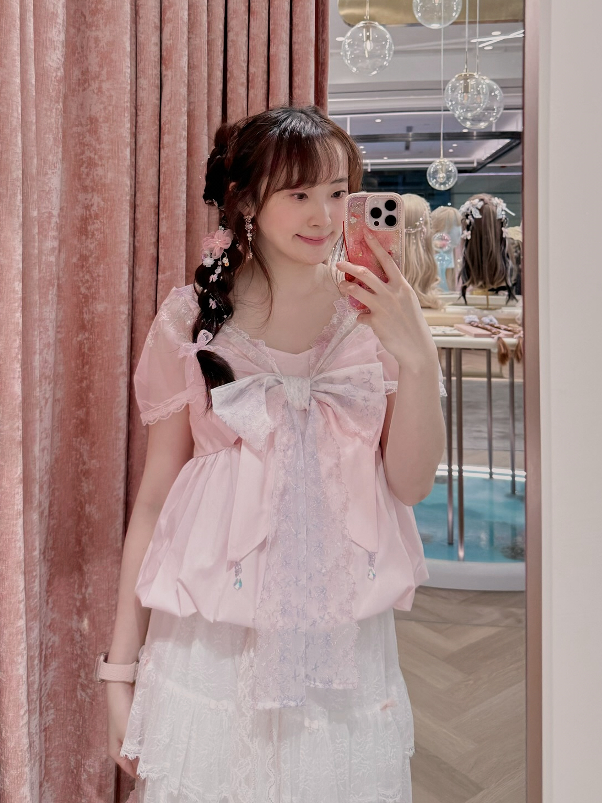 13499 2-Way Puff Sleeve Glam Bow Lace Top