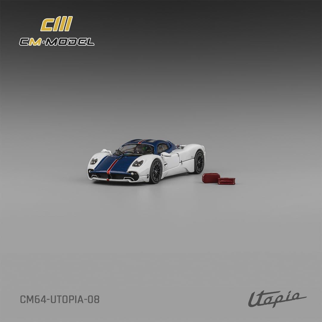 預訂:1/64 CM Model Pagani Utopia Bianco Benny with Blu Francia Carbon & Rosso Monza Stripe (CM64-Utopia-08)