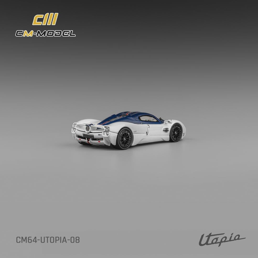 預訂:1/64 CM Model Pagani Utopia Bianco Benny with Blu Francia Carbon & Rosso Monza Stripe (CM64-Utopia-08)