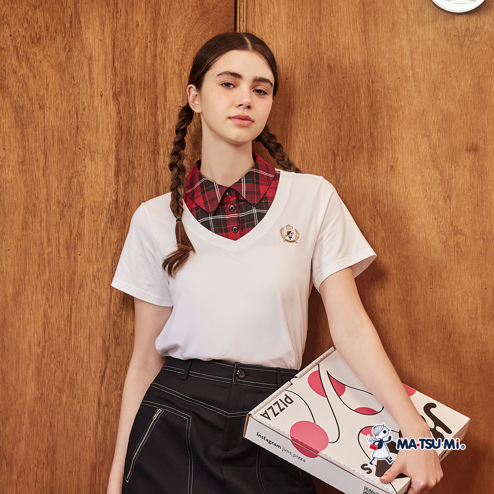 MA‧TSU Mi 簡約學院風假兩件瑪娃刺繡短袖上衣(白.深藍)