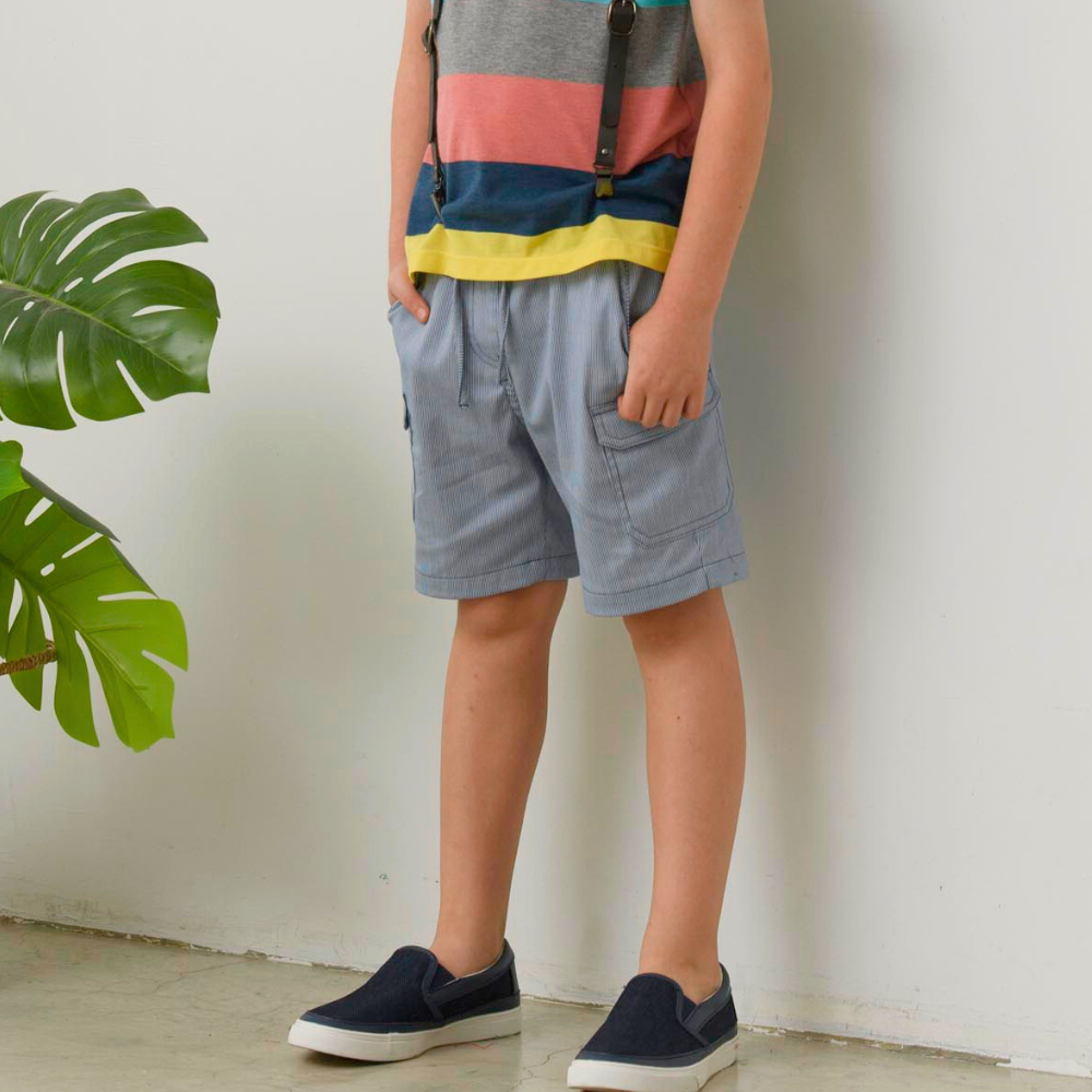 PIPPY 休閒直條鬆緊腰圍彈性棉4分短褲 藍