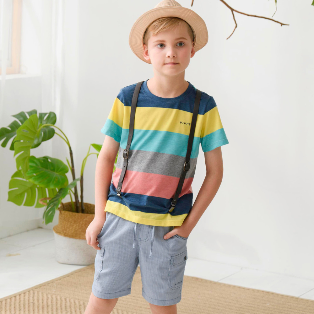 PIPPY 休閒直條鬆緊腰圍彈性棉4分短褲 藍