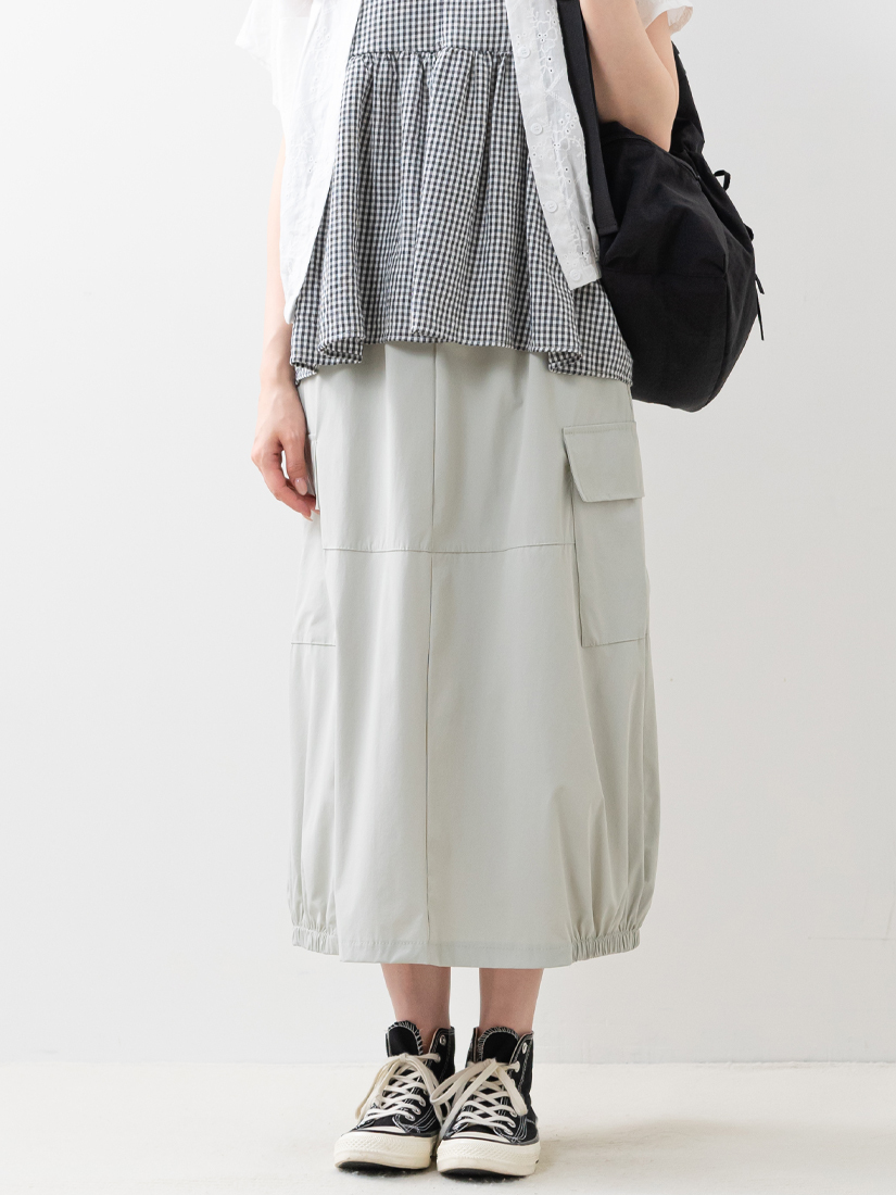 鬆緊腰抽繩工裝口袋花苞開衩長裙