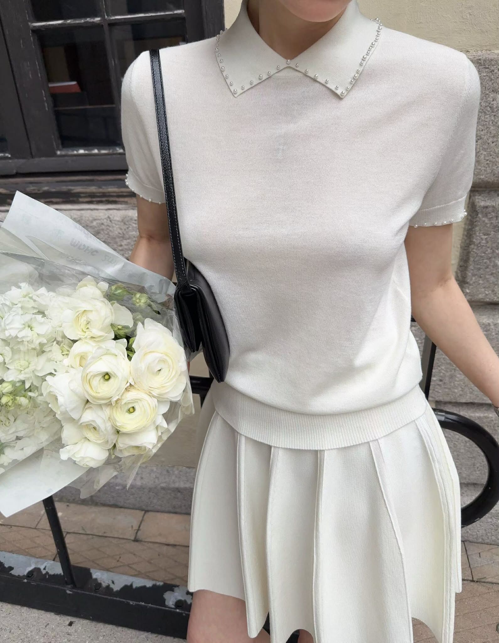 PA25 珍珠小翻領針織上衣