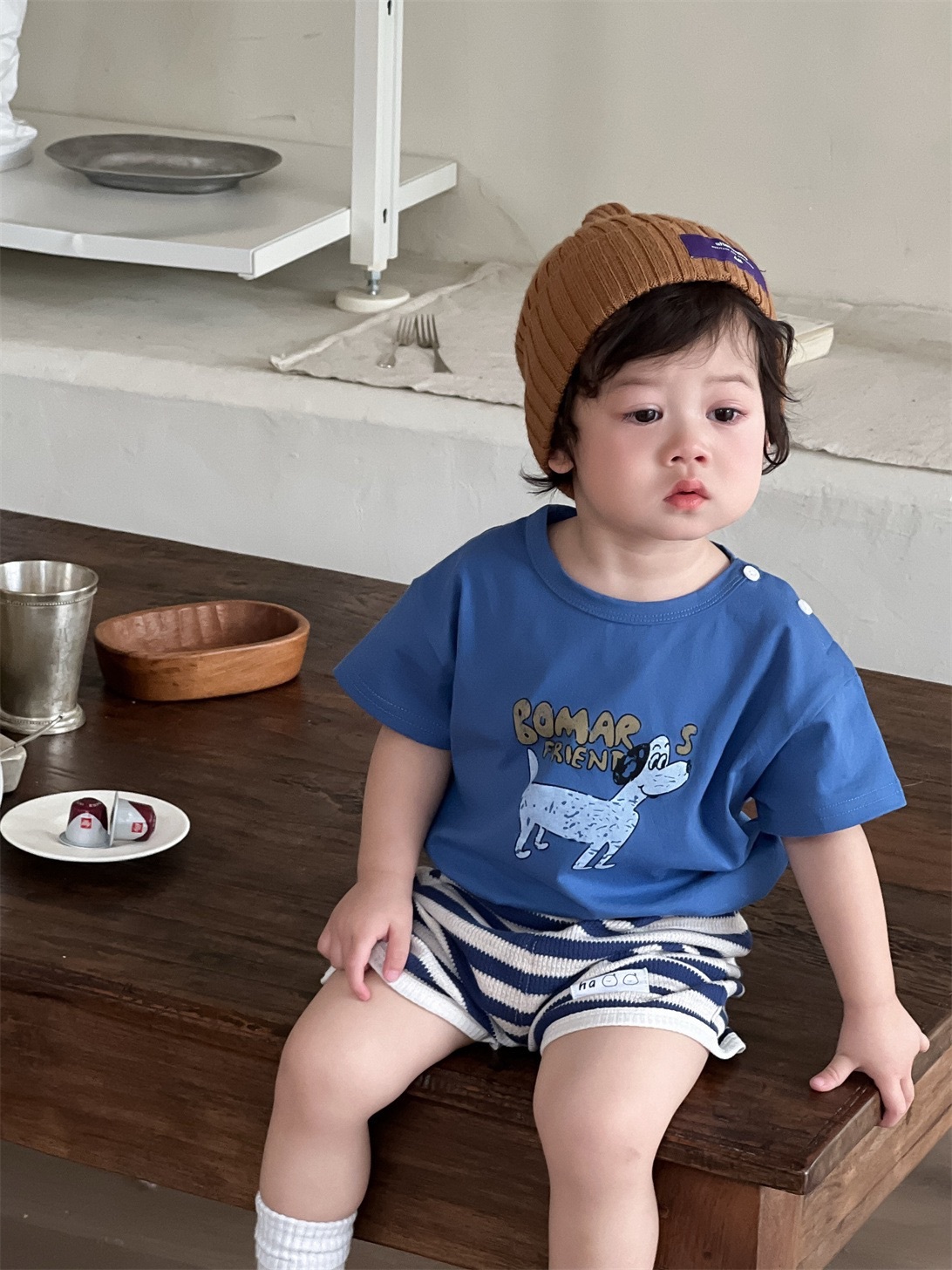 藍色狗狗上衣+條紋短褲