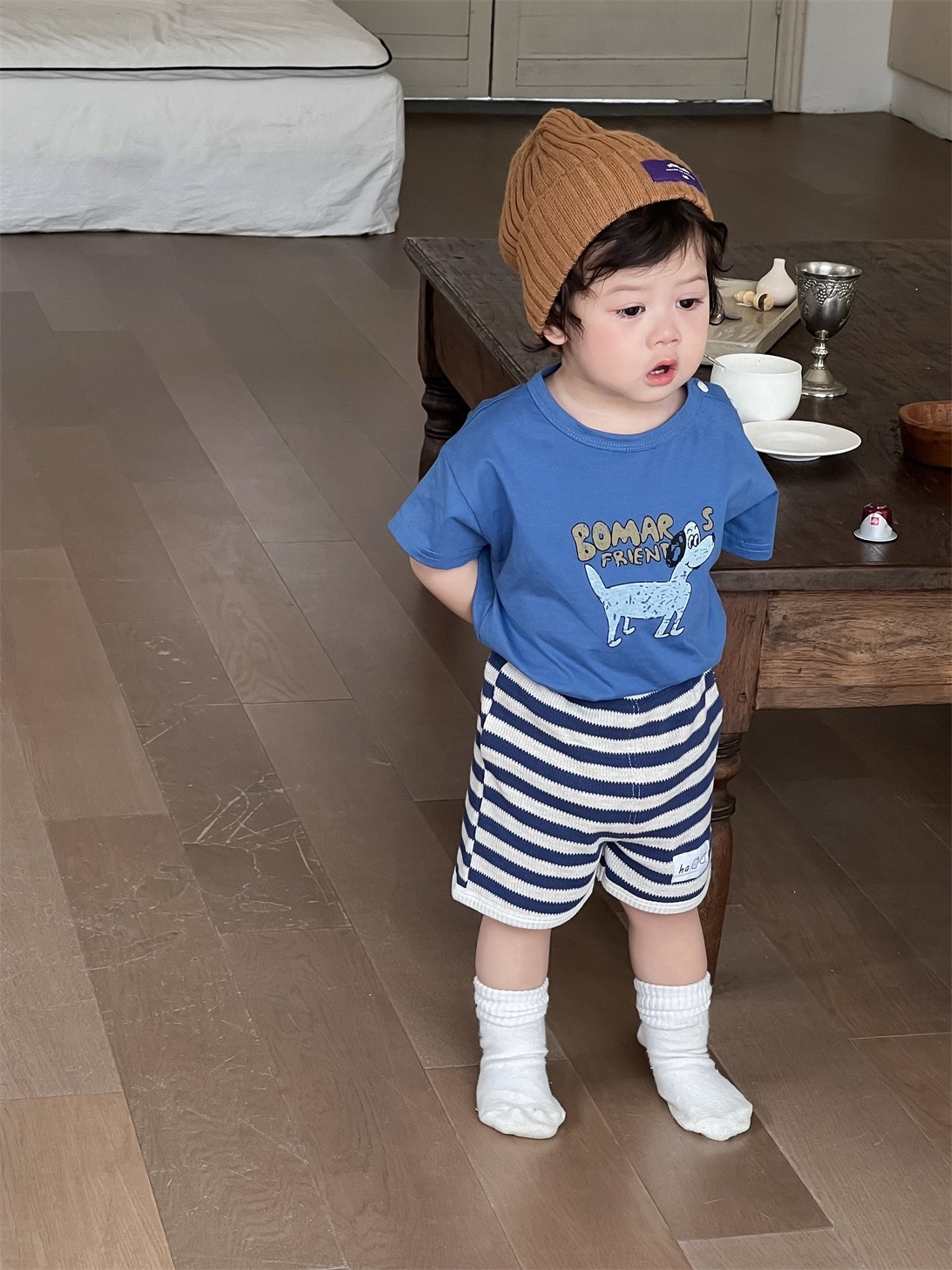 藍色狗狗上衣+條紋短褲