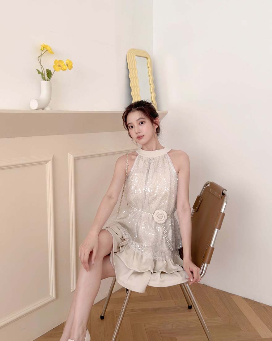 LINA LINA耀眼迷麗亮片網紗層次後綁帶削肩洋裝-溫柔杏