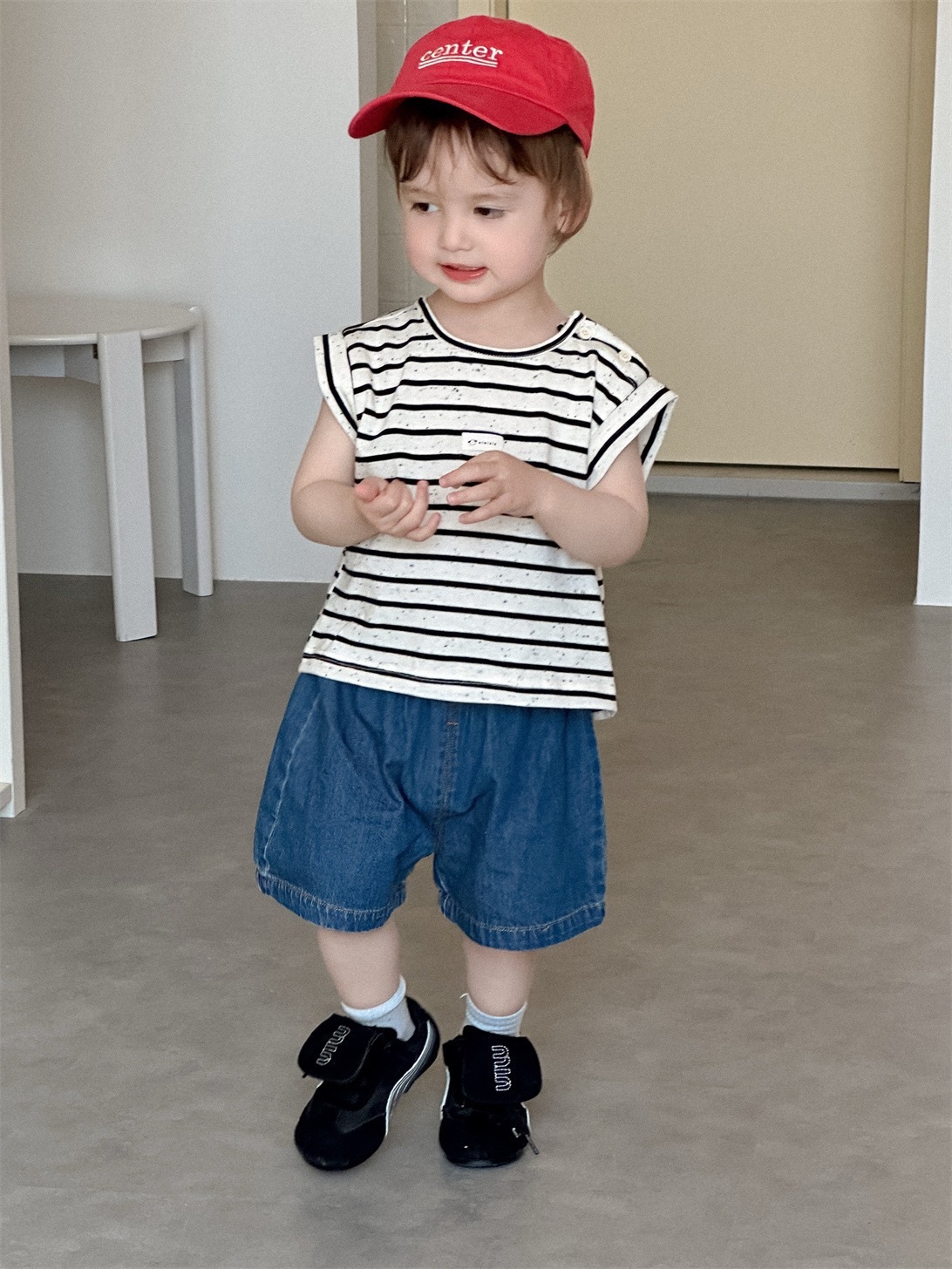 日系落肩條紋上衣/牛仔短褲