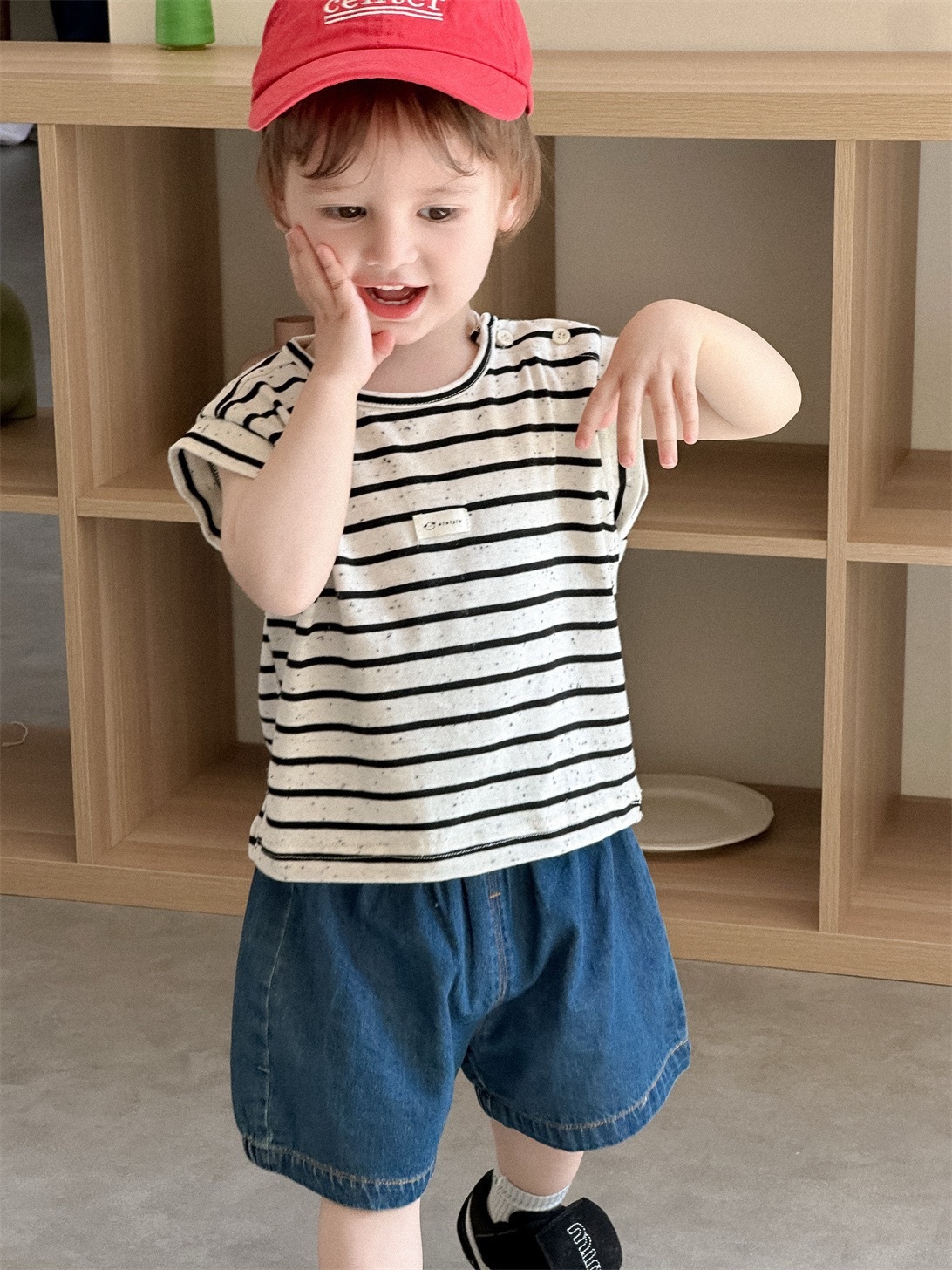 日系落肩條紋上衣/牛仔短褲