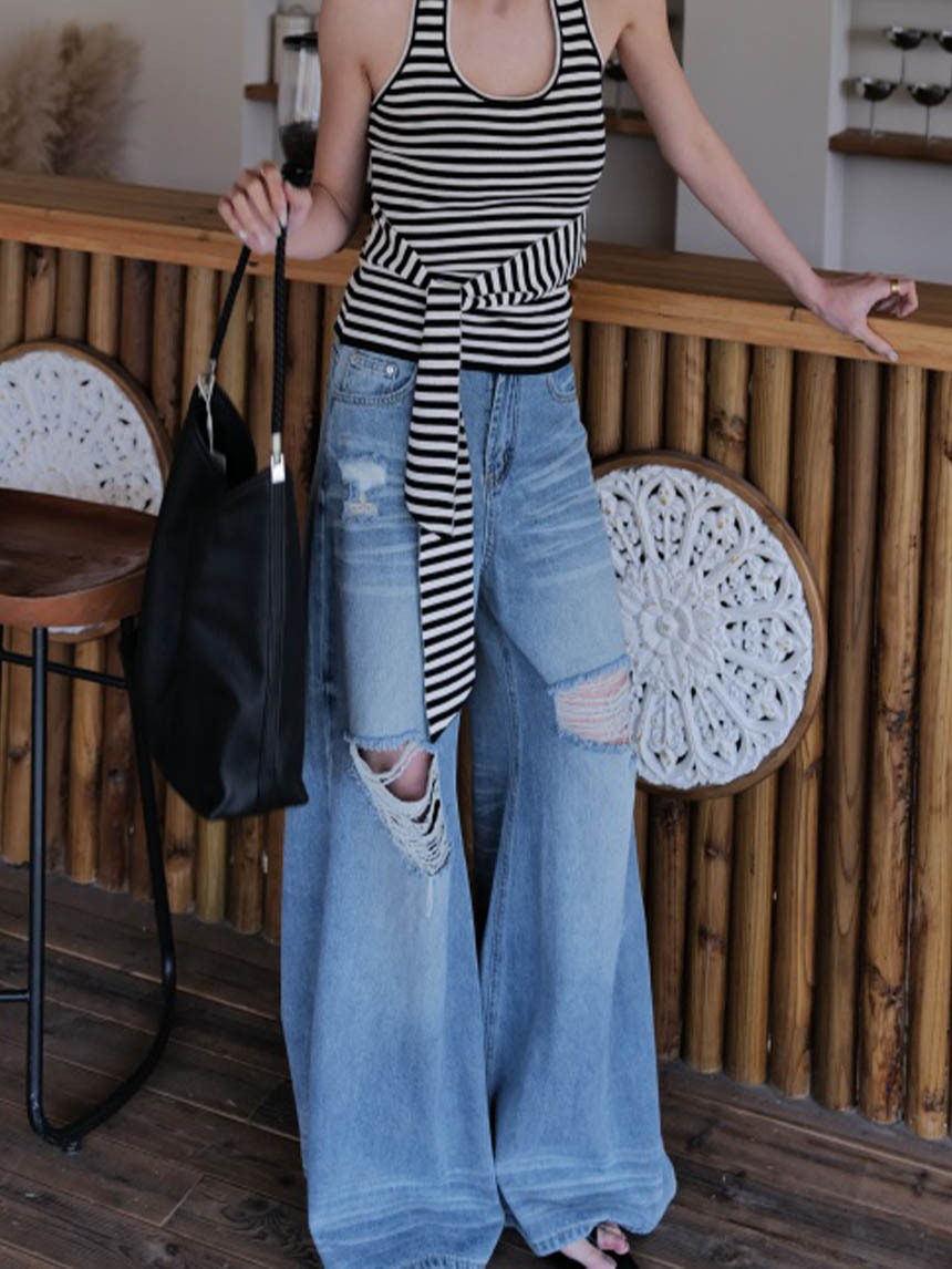 藍割破破壞闊腿褲