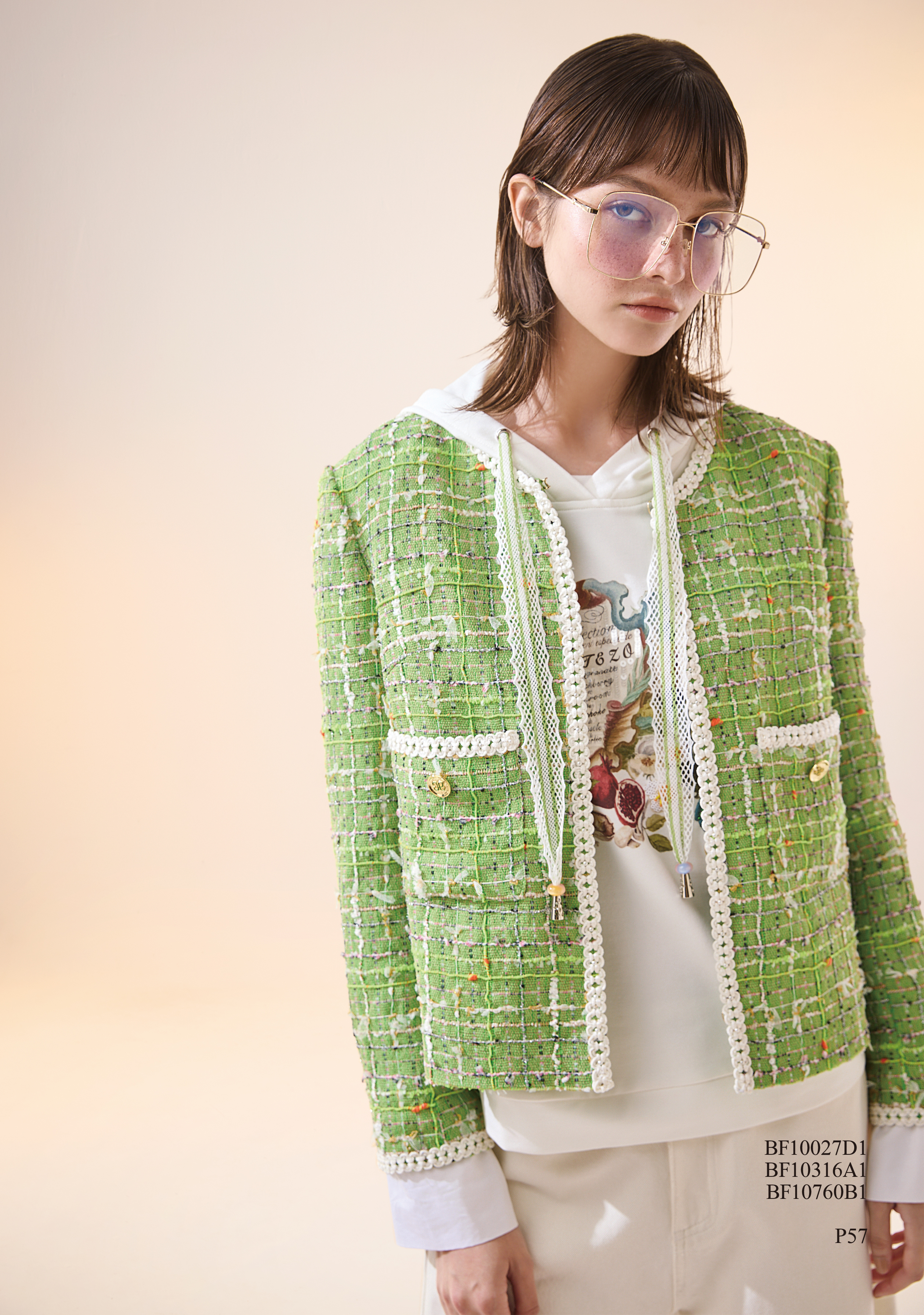 BF10027D1 綠境花園法式粗花呢蕾絲滾邊外套