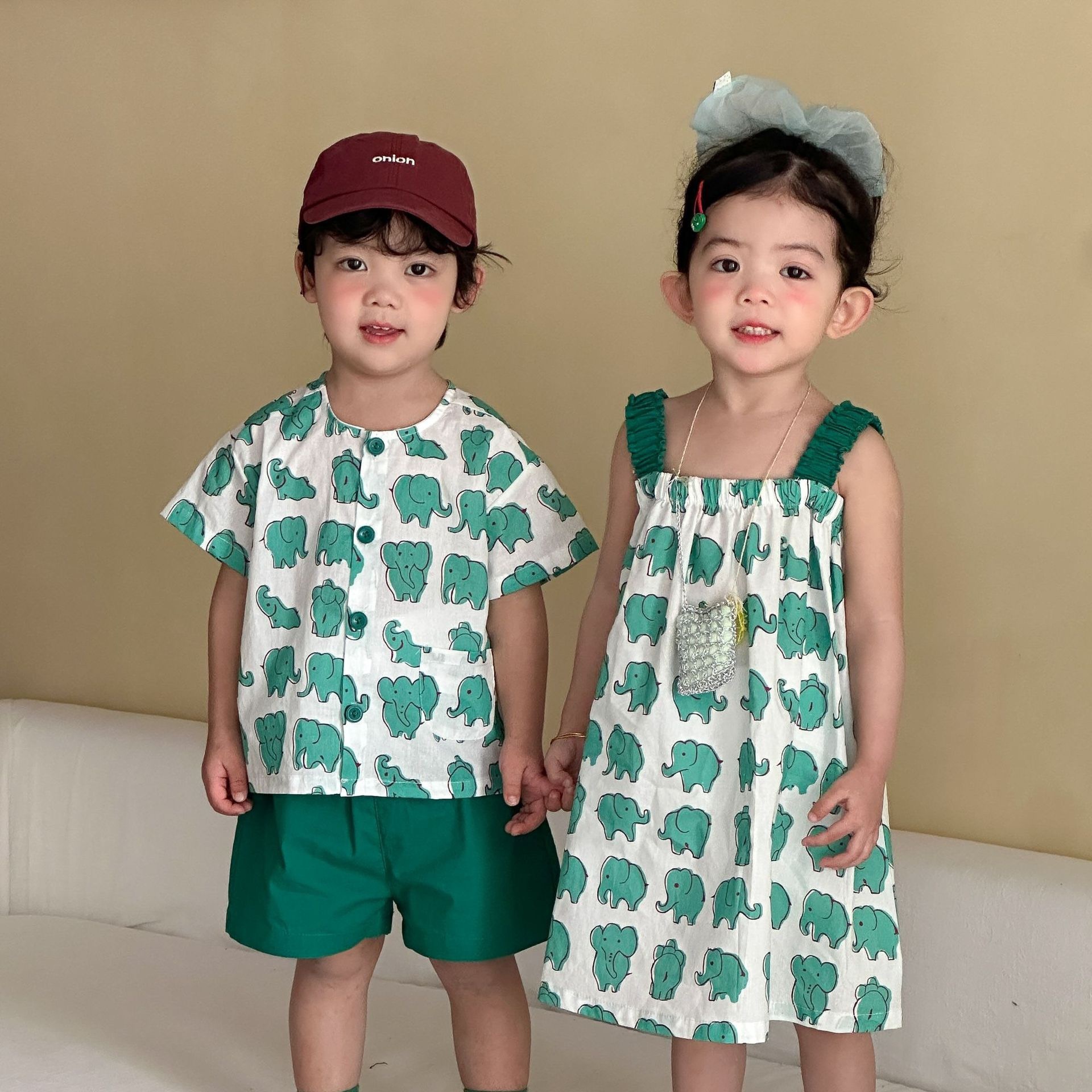 兄弟姐妹一起穿_綠色大象套裝/洋裝