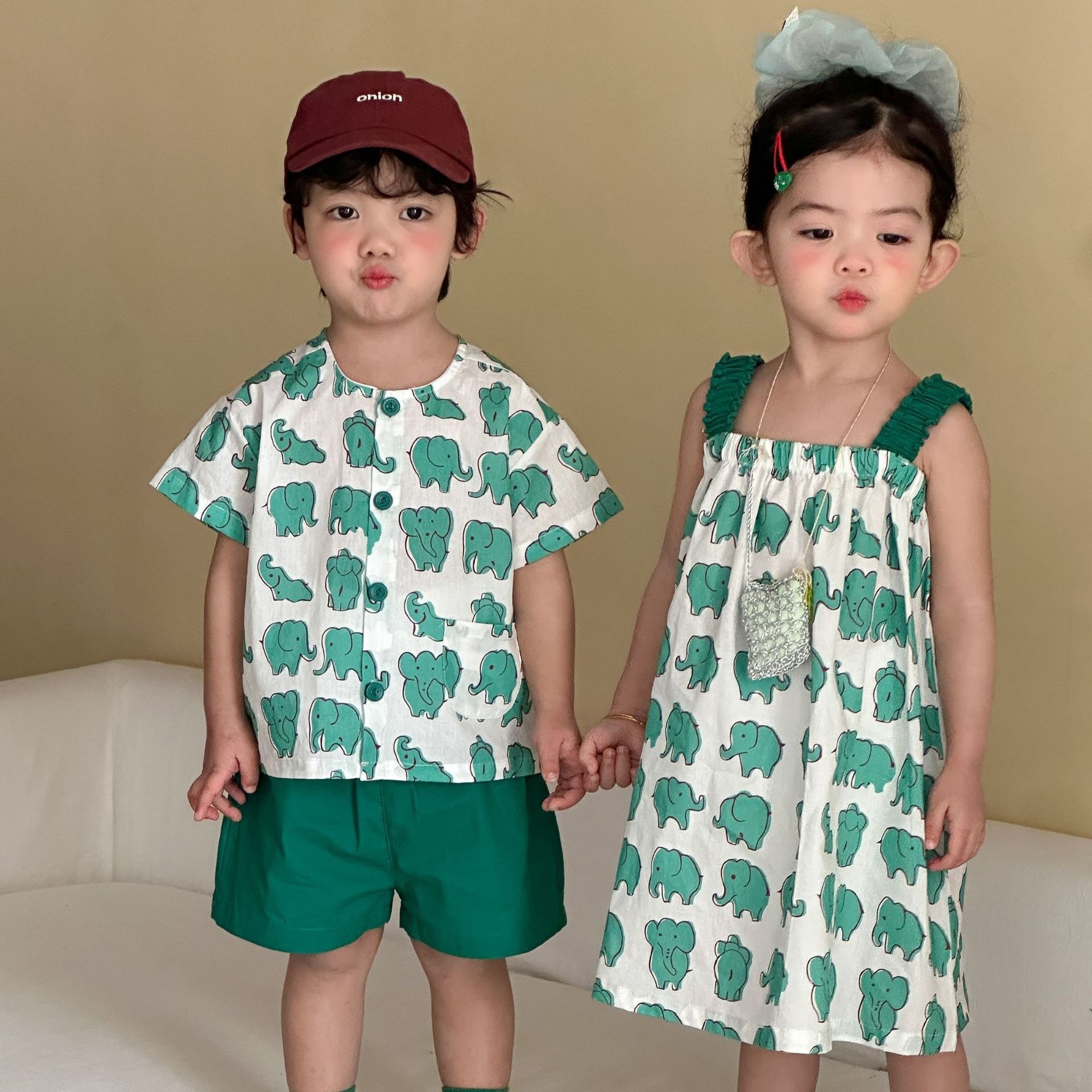 兄弟姐妹一起穿_綠色大象套裝/洋裝