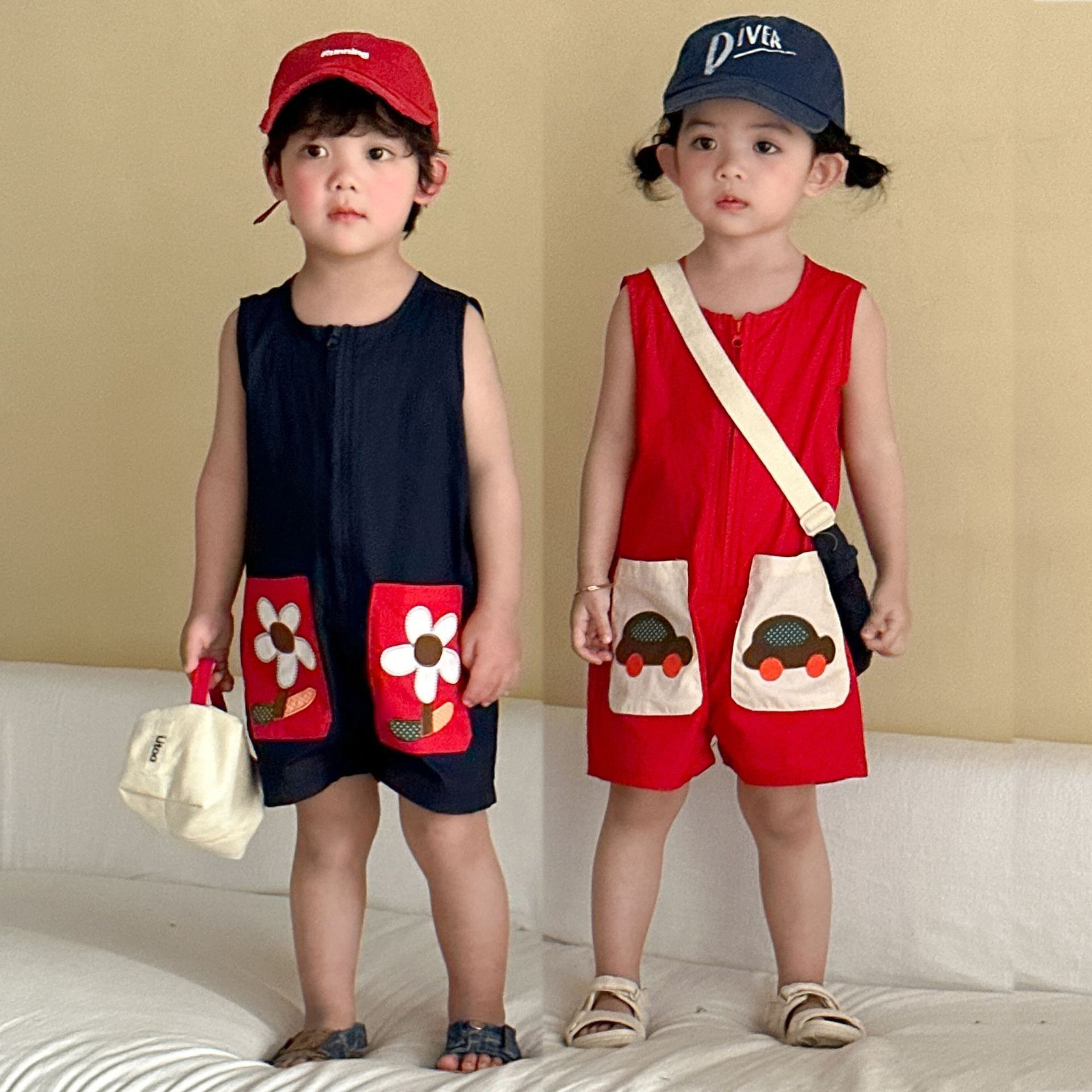 兄弟姐妹一起穿_可愛車車花朵連身褲