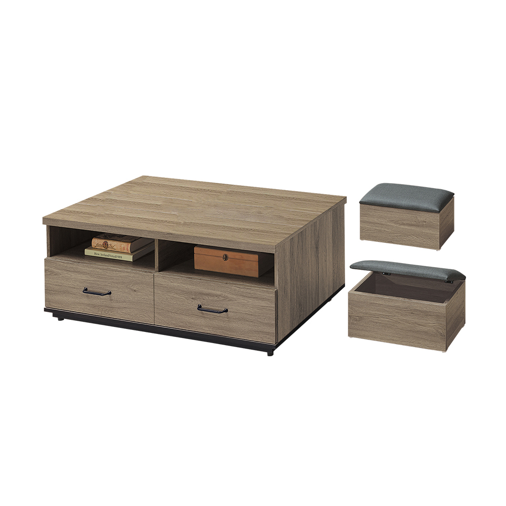 柏蒂家居-莫尼工業風4尺大茶几-附收納椅凳二入