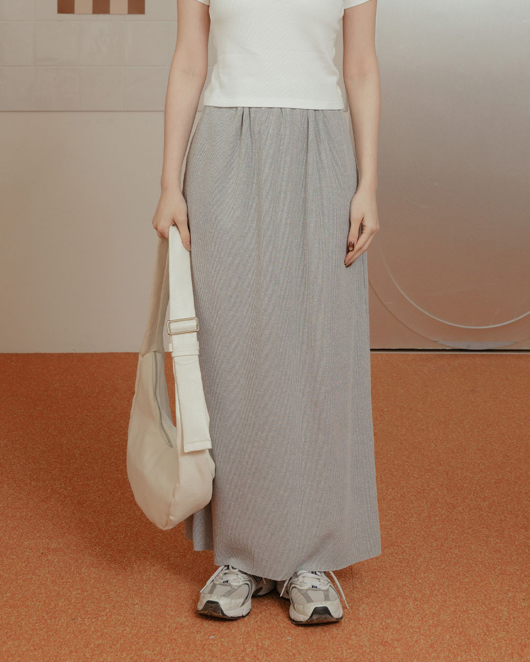 Ribbed back slit straight maxi skirt - gray S/M/L【03021714】in stock+pre-order