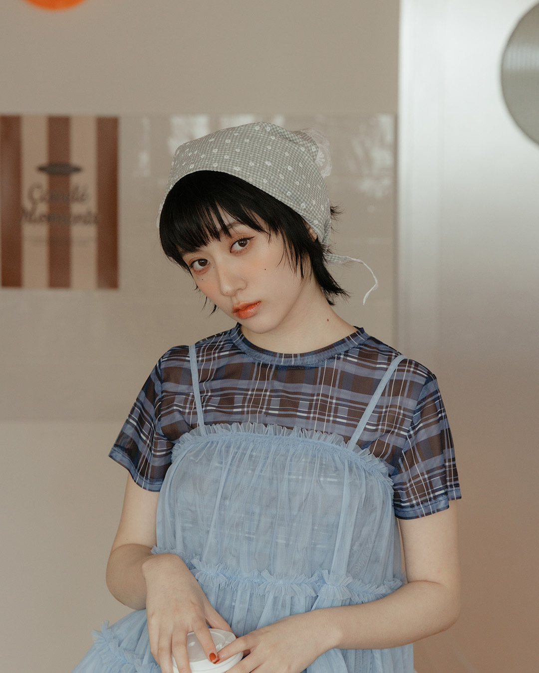 Floral lace plaid triangular scarf, available in two colors.【07130056】in stock+pre-order