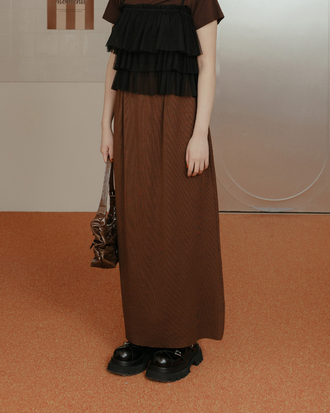 Ribbed back slit straight maxi skirt - brown S/M/L【03021713】in stock+pre-order