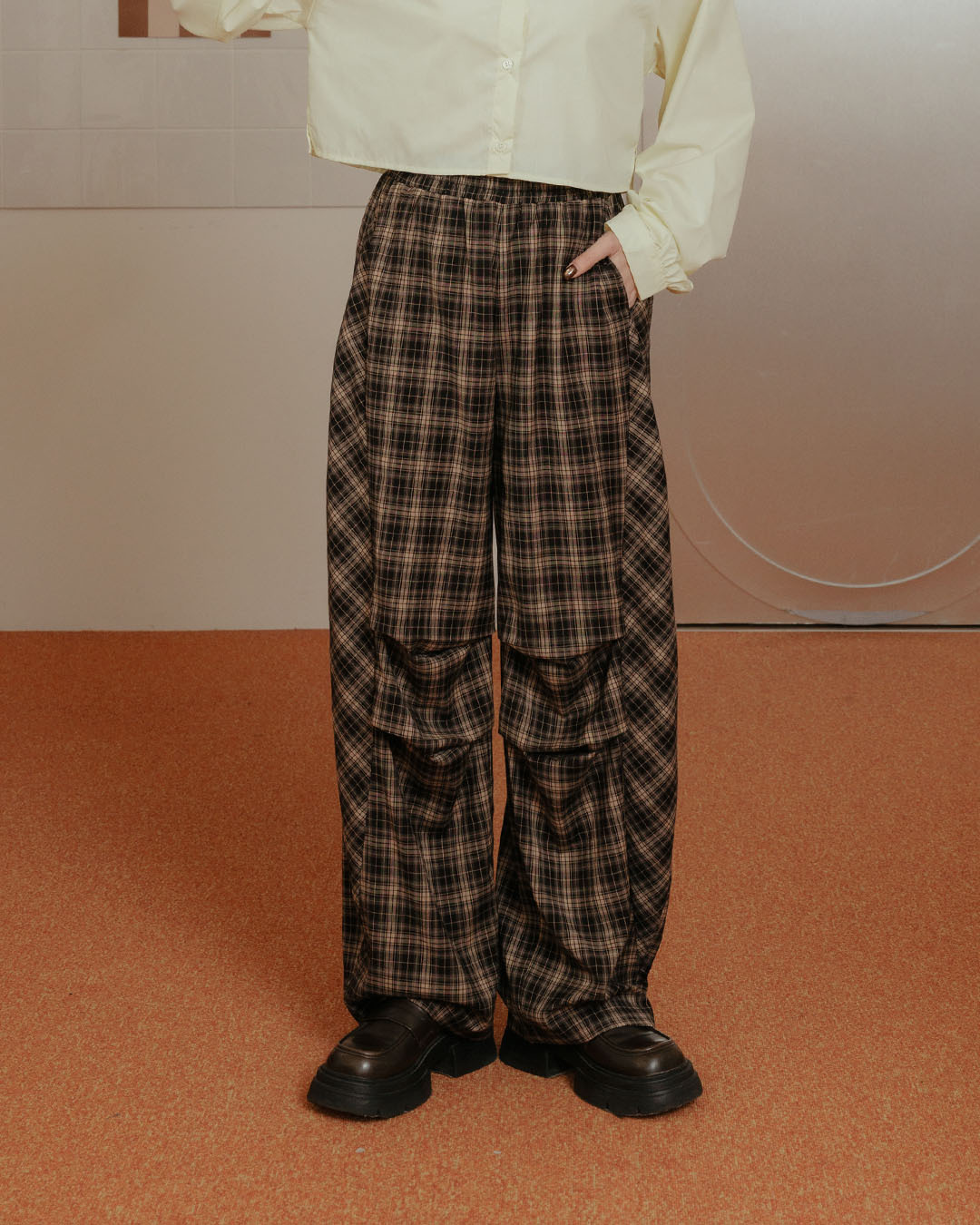 Checkered patchwork wide-leg trousers, S/M【04102032】in stock+pre-order