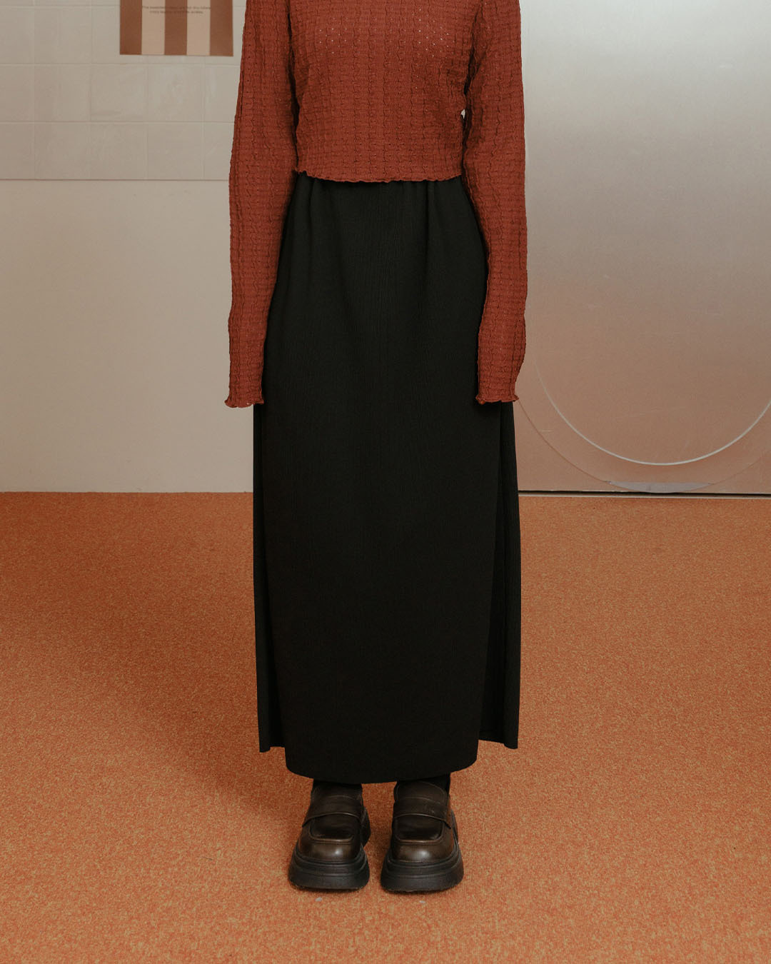 Ribbed back slit straight maxi skirt - black  S/M/L【03021712】in stock+pre-order