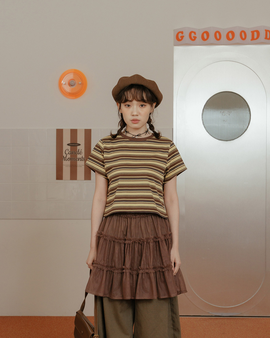 Striped cropped short-sleeved top in three colors【01099654】in stock+pre-order