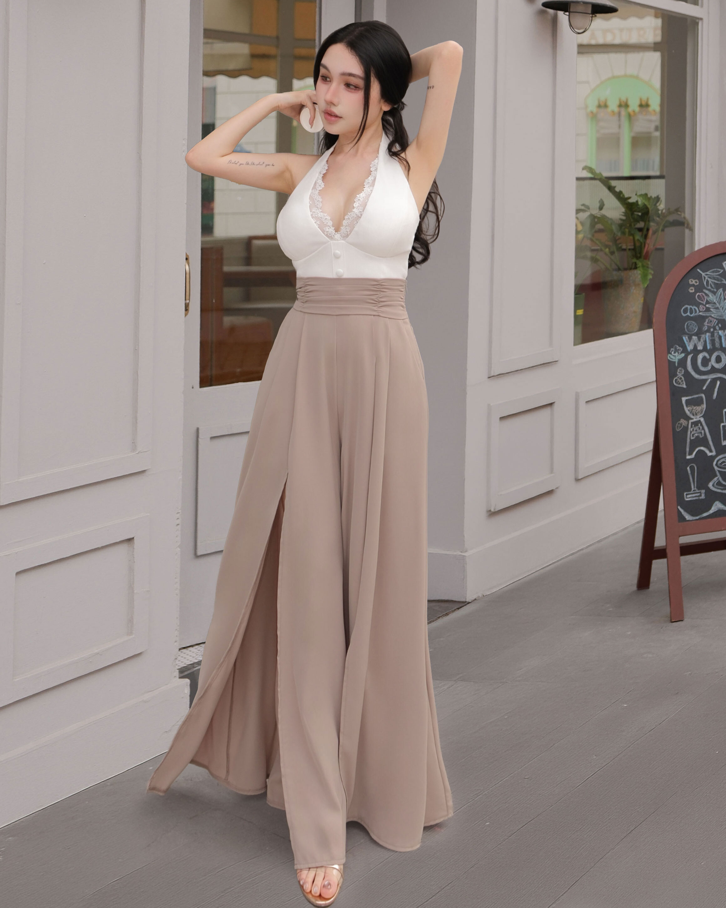 訂製-雪紡抓皺高腰開叉寬褲