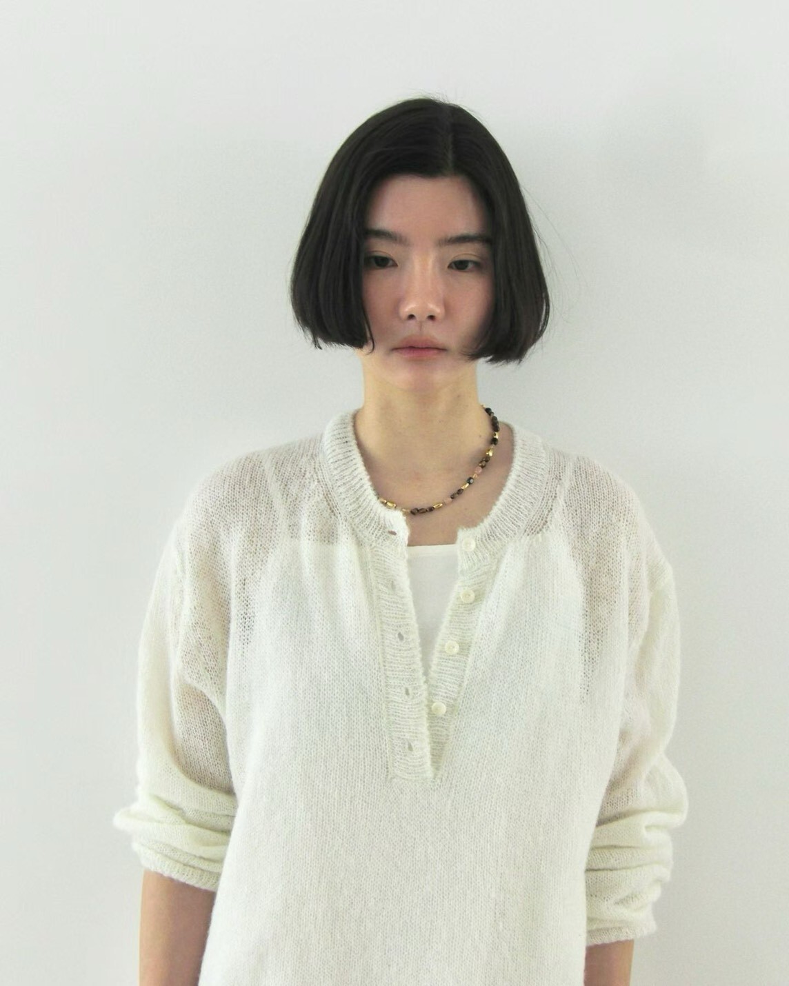 #AF104半開釦透感針織上衣(白/粉/灰)