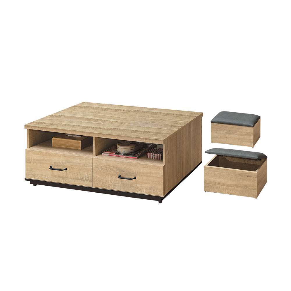 柏蒂家居-布里頓工業風4尺大茶几-附收納椅凳二入