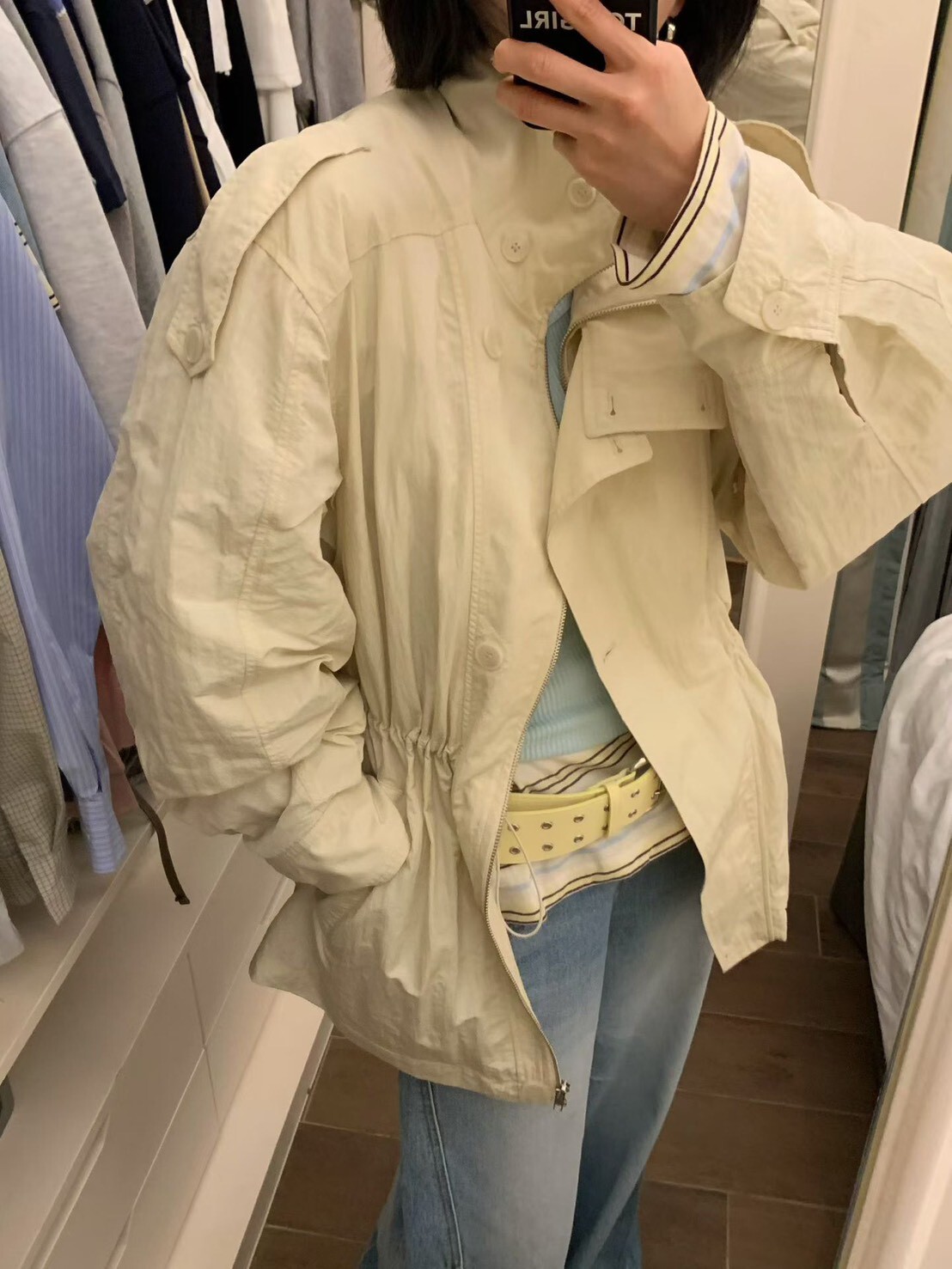 #AF106輕盈抽繩立領外套(灰/奶油)