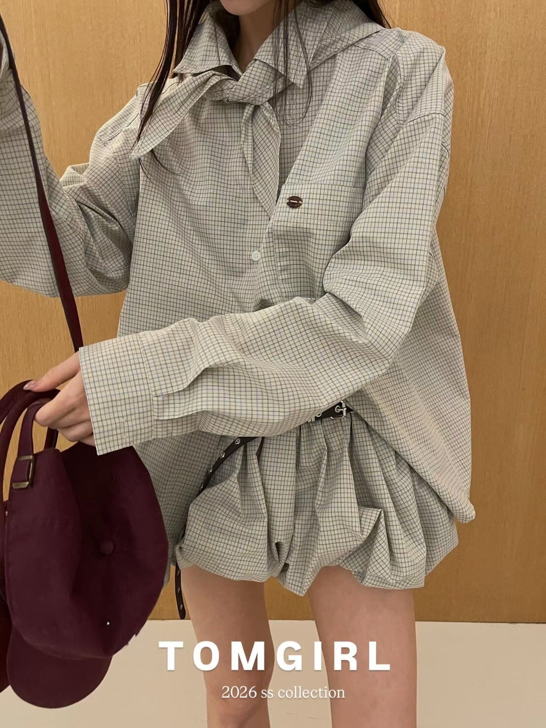 #AF107格紋澎澎小短褲(杏/水藍)