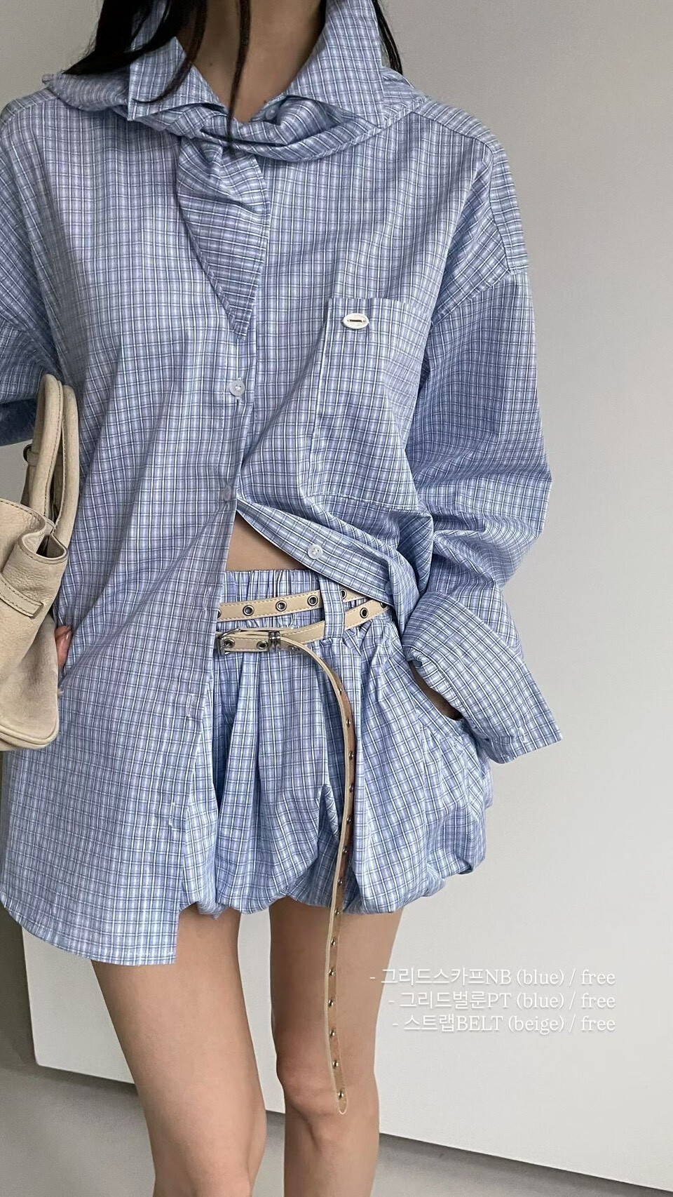 #AF107格紋澎澎小短褲(杏/水藍)