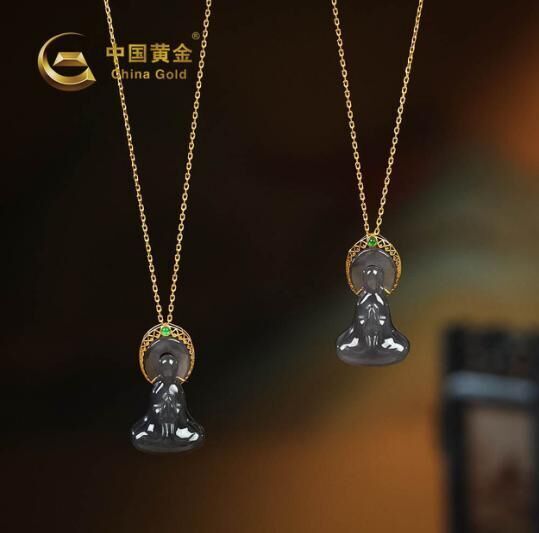 ZJSPHA250299-天然和田玉18K金煙紫無相佛吊墜(R6)