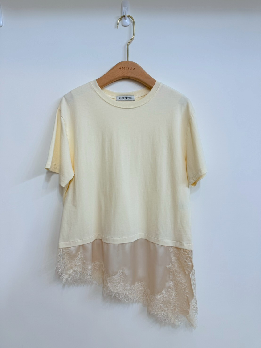 #AF07拼接蕾絲短袖上衣(白/杏/黑)