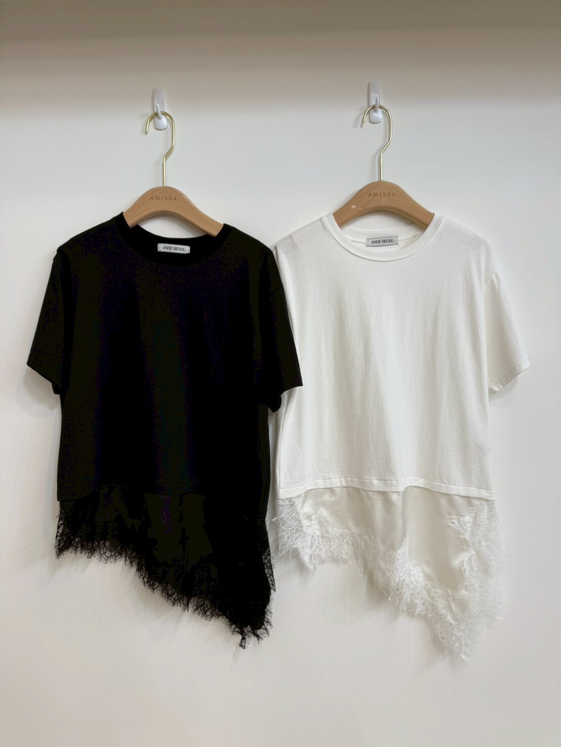 #AF07拼接蕾絲短袖上衣(白/杏/黑)