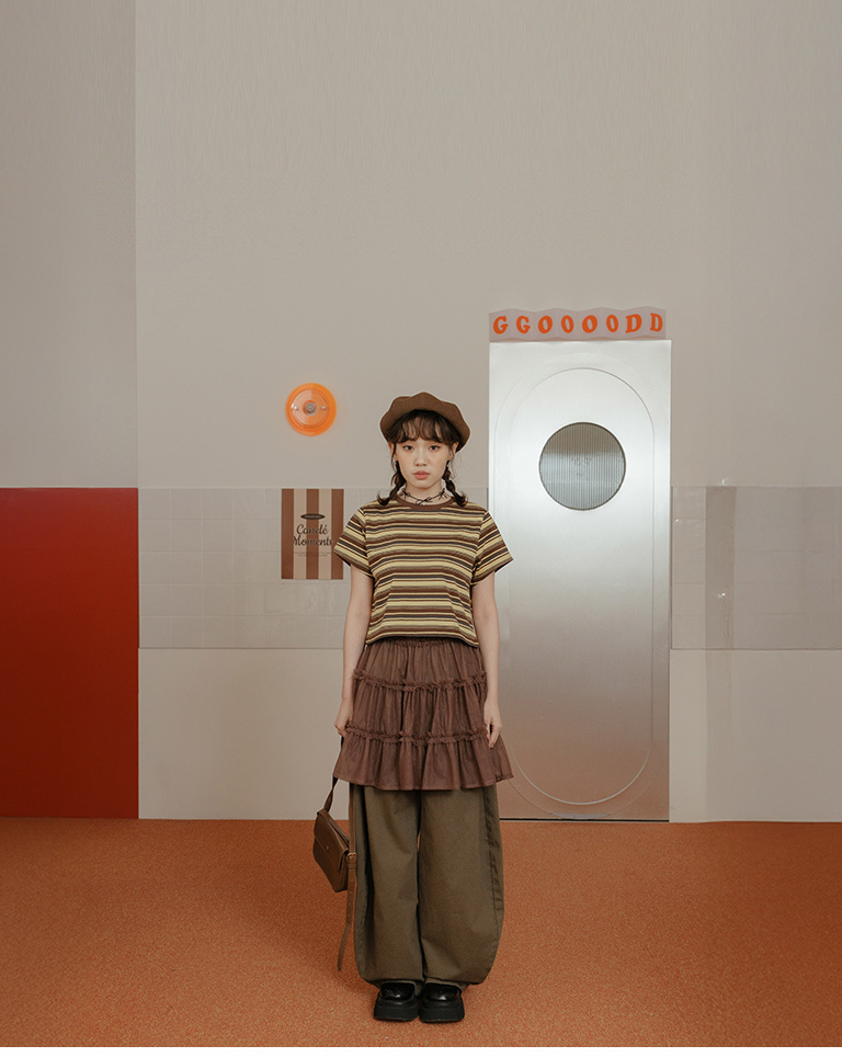 Striped cropped short-sleeved top in three colors【01099654】in stock+pre-order